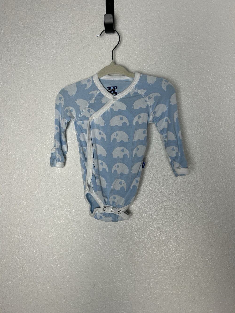 KicKee Pants Blue Elephants Bamboo Knit Kimono Bodysuit Size 0-3 Mos